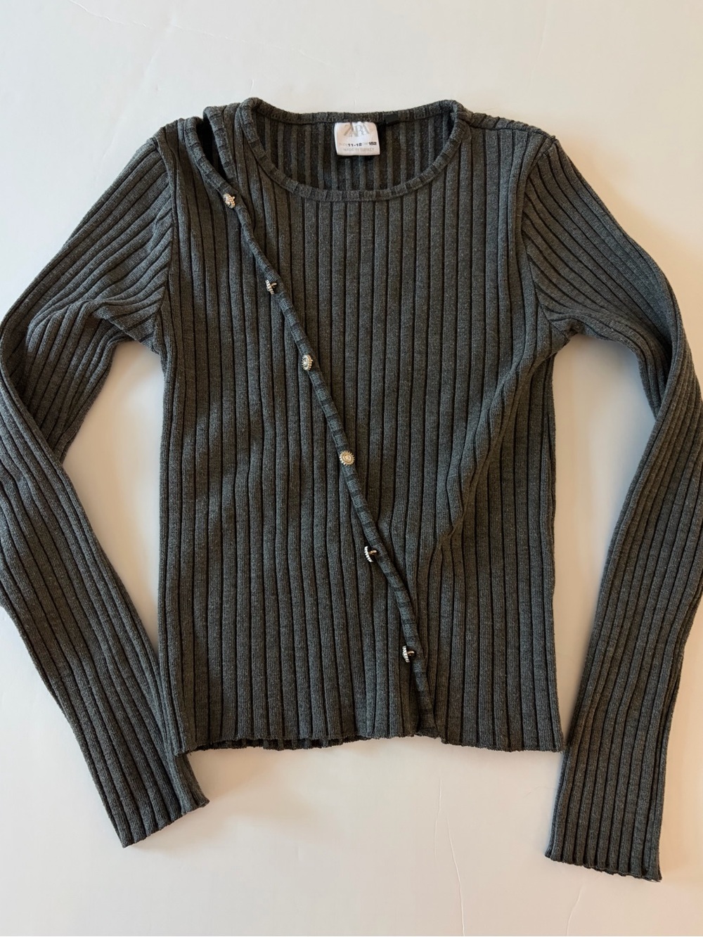 Zara Girls Long Sleeve Gray Ribbed Top With Decorative Buttons 11-12Y Fall Style